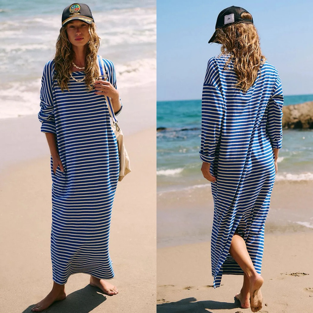 Free Beach / Trivoli Blue & White 100% Stripe Nautical Maxi Dress